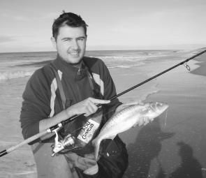 Will Thompson from Allways Angling with a nice salmon taken from Golden Beach on a Lazer lure.